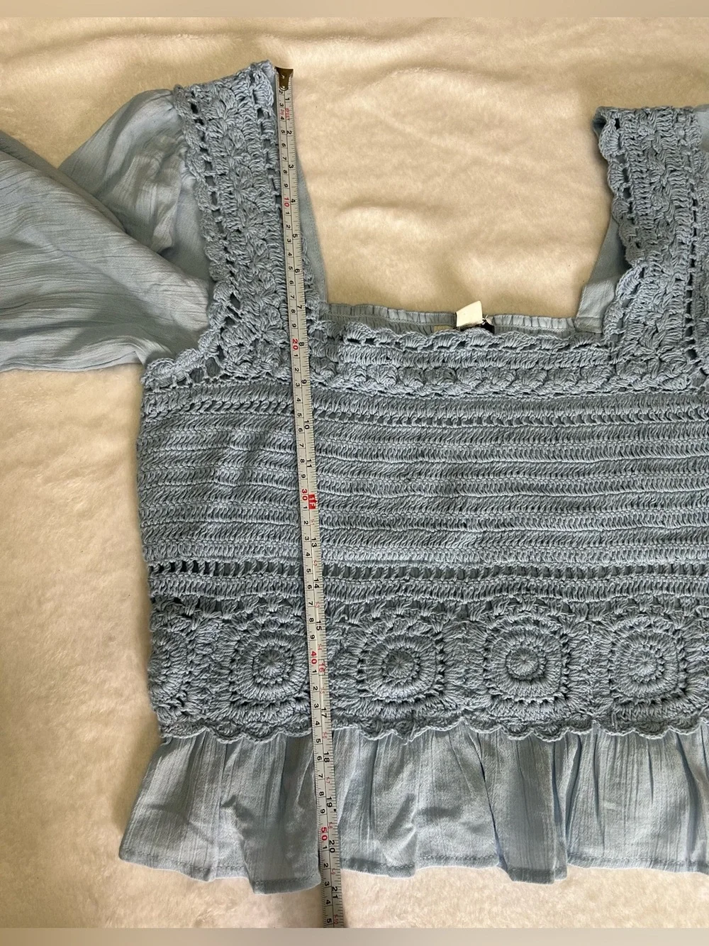 American Eagle size Medium Light Blue Cottagecore Crochet Peasant Boho Blouse
